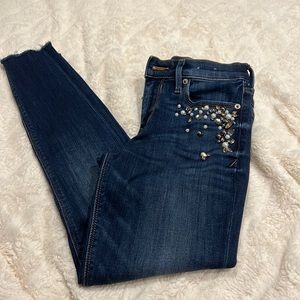 EXPRESS | size 2 crystal embellished denim ankle jeans raw hem